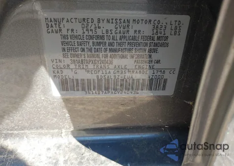 2016 Nissan Sentra Fe+ S/S/Sl/Sr/Sv z USA, uszkodzony, nr VIN 3N1AB7APXGY240436